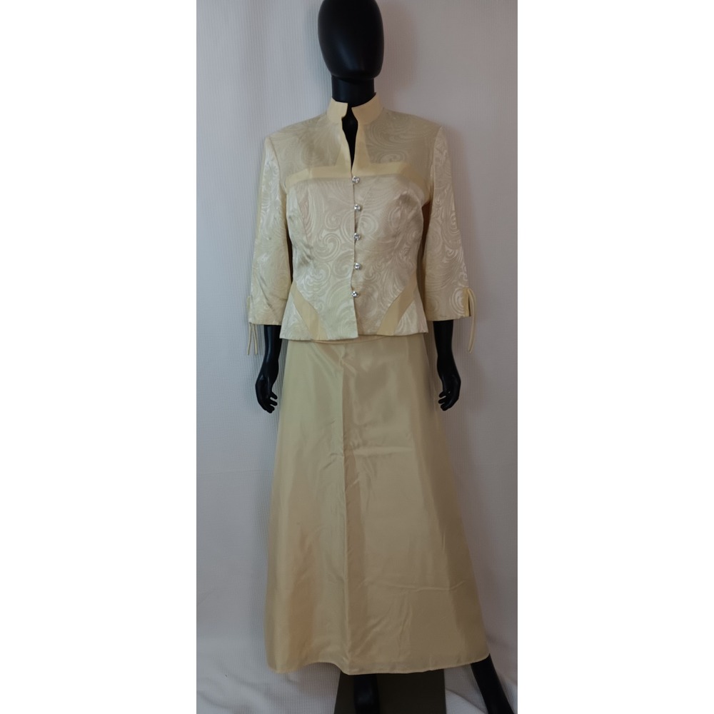 JS Collections 3 Piece Formal Skirt Suit Set Cream Jacquard Jacket Size 14